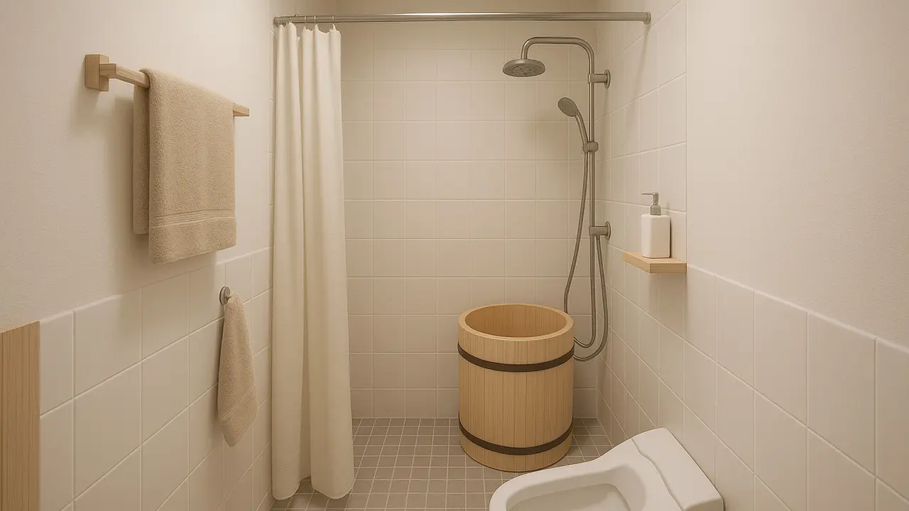 Desain Kamar Mandi 1,5 x 2 Meter Kloset Jongkok Gaya Jepang Minimalis/Ilustrasi AI