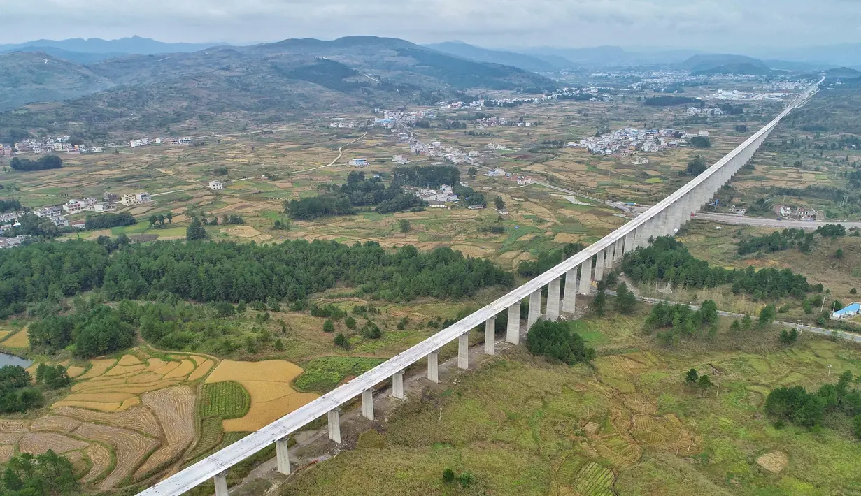 Foto dari udara menunjukkan jembatan besar Lali di jalur kereta cepat Guiyang-Nanning di Wilayah Dushan, Provinsi Guizhou, China barat daya (20/10/2020). Jalur kereta cepat Guiyang-Nanning dirancang untuk dapat dilalui kereta dengan kecepatan maksimum 350 kilometer per jam. (Xinhua/Liu Xu)