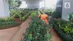 Petugas PPSU merawat tanaman di kolong flyover di Taman Bibit di Kebayoran, Jakarta, Jumat  (12/3/2021). Selain untuk mempercantik area kolong flyover, taman bibit tersebut dimanfaatkan sebagai sarana untuk bercocok tanam. (Liputan6.com/Angga Yuniar)