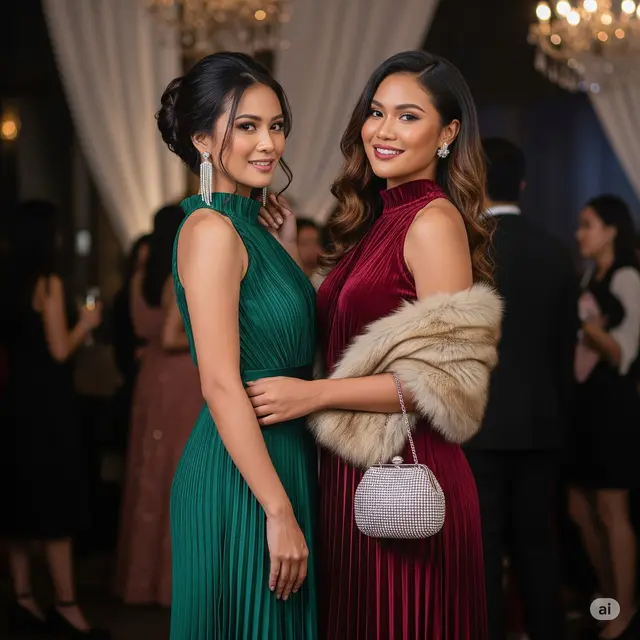 Rekomendasi Dress Pesta High Neck Plisket Terbaru 2025. Foto: Gemini