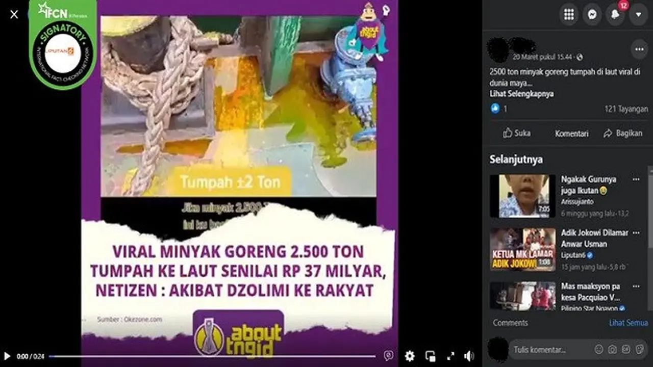 Gambar Tangkapan Layar Video yang Diklaim 2.500 Ton Minyak Goreng Tumpah ke Laut (sumber: Facebook).