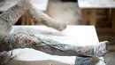 Sebuah fosil berbentuk sepasang kaki saat berada ditempat penyimpanan fosil, Napoli, Italia, Selasa (13/10/2015). Fosil - fosil ini diawetkan dengan menggunakan campuran plester atau gips. (REUTERS/Alessandro Bianchi)
