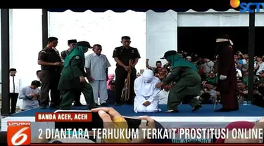 Dua orang yang dihukum cambuk terkait kasus prostitusi online dan enam lainnya pasangan muda-mudi yang terjaring razia.