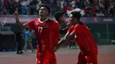 Pemain Indonesia Irfan Jauhari (kiri) merayakan golnya dalam pertandingan final sepak bola putra melawan Thailand pada SEA Games ke-32 di Phnom Penh pada 16 Mei 2023. (MOHD RASFAN/AFP)