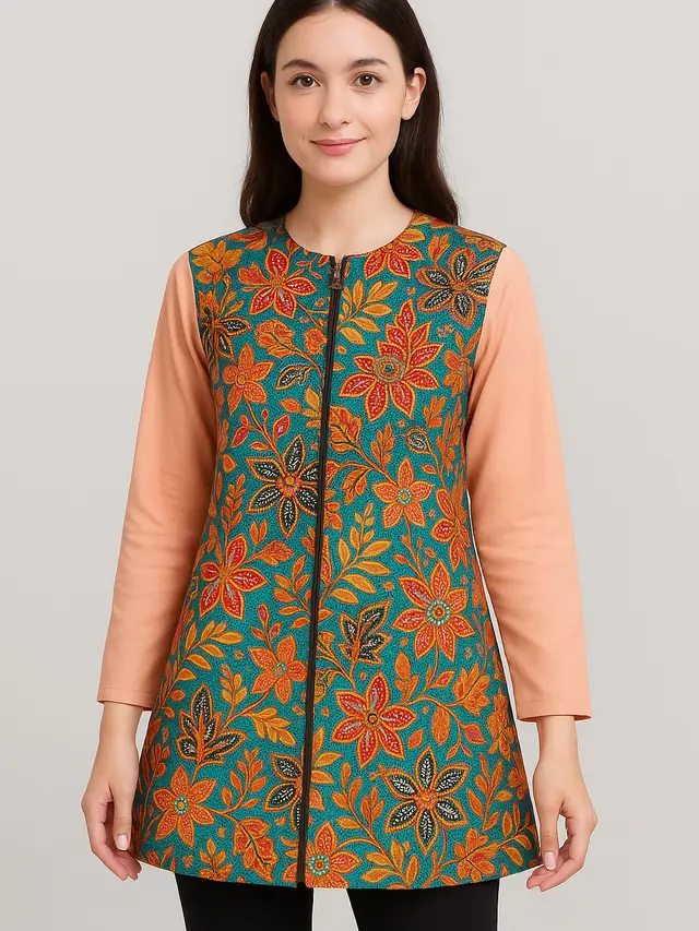 Model Tunik Batik Resleting Depan Kombinasi Lengan Panjang Polos