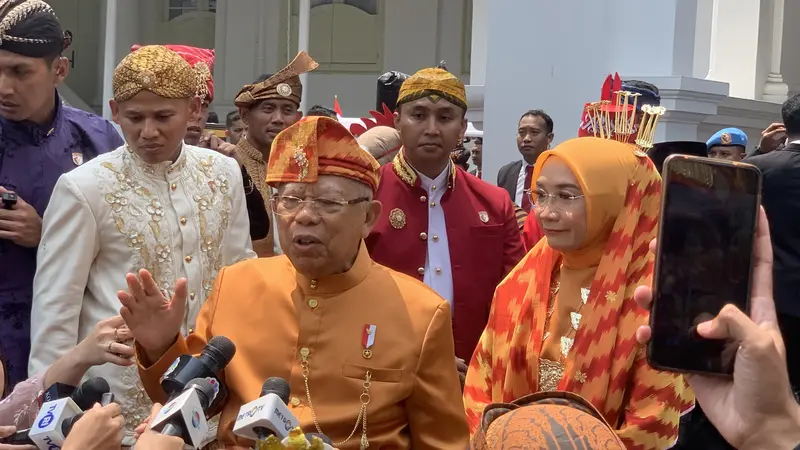 Wakil Presiden (Wapres) Ma’ruf Amin usai menghadiri Peringatan Hari Ulang Tahun (HUT) Ke-79 Kemerdekaan Republik Indonesia di Istana Merdeka, Jakarta.