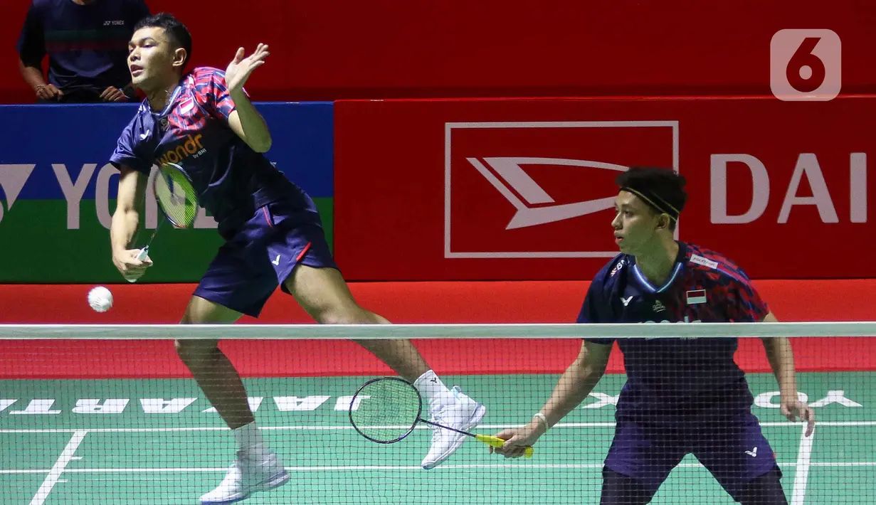 Fajar Alfian/Muhammad Rian melaju ke perempat final Indonesia Masters 2025. (Liputan6.com/Herman Zakharia)