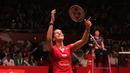 Ekspresi Carolina Marin sesaat setelah mengalahkan Saina Nehwal. Minggu (16/8/2015). (Bola.com/Arief Bagus)
