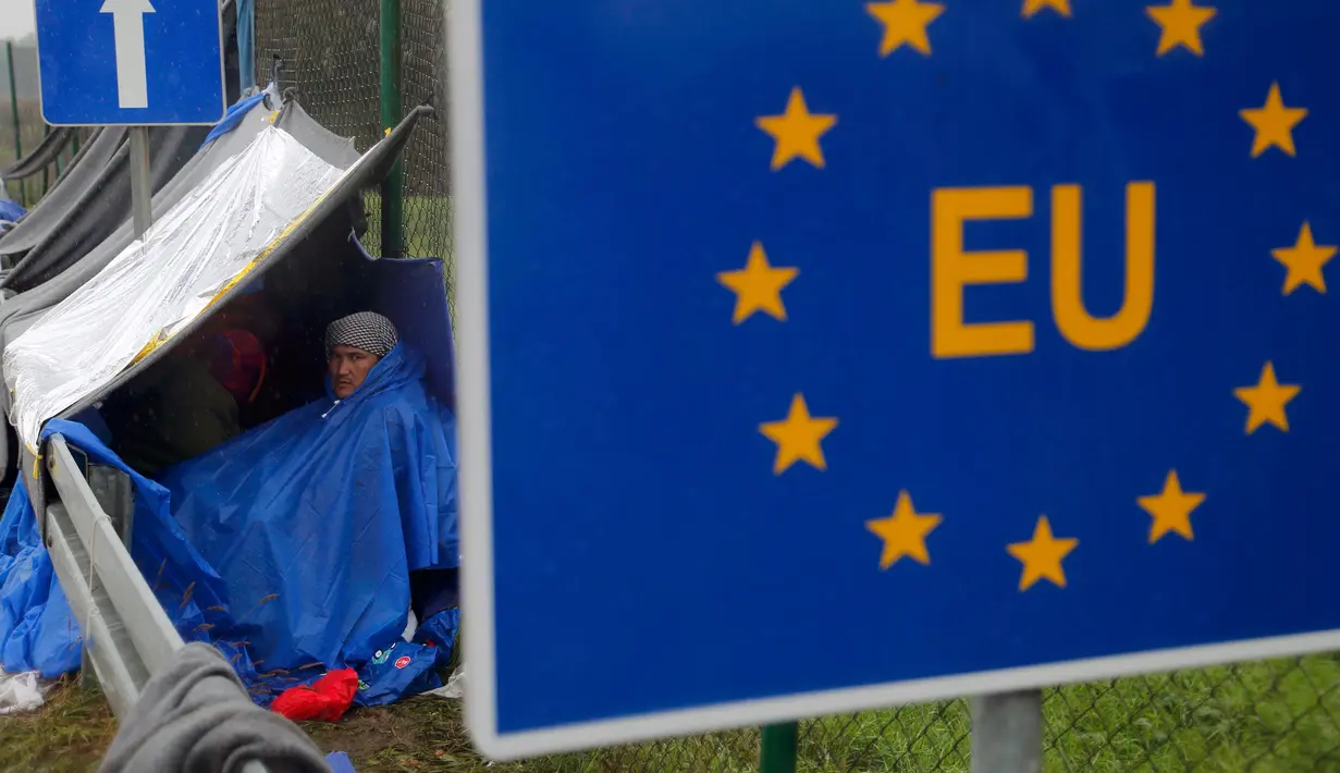 Pengungsi berteduh dalam perjalanan dari Slovenia melintasi perbatasan menuju Trnovec, Kroasia, Senin (19/10). Ribuan orang terjebak cuaca dingin di desa perbatasan Serbia Berkasovo setelah Kroasia membendung para pendatang. (REUTERS/Antonio Bronic)