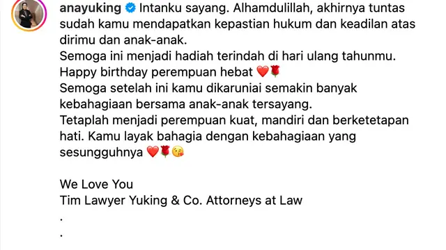 Unggahan Ana Sofa Yuking. (Foto: Dok. Instagram @anayuking)