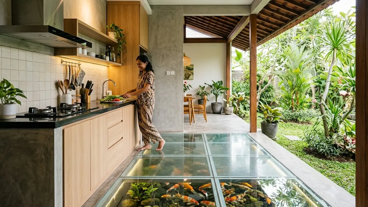 Desain Dapur Semi Outdoor dengan Kolam Ikan Mini