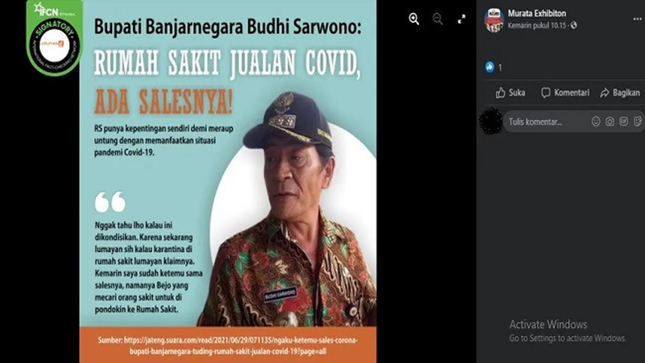Gambar Tangkapan Layar Kabar tentang Rumah Sakit Jualan Covid-19 (sumber: Facebook).