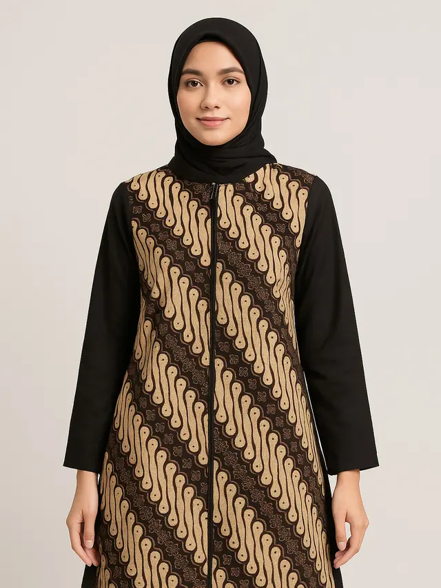 Model Tunik Batik Resleting Depan Kombinasi Lengan Panjang Polos