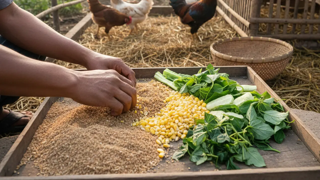 Cara Mengatur Pakan Ayam Rumahan (Foto: AI)