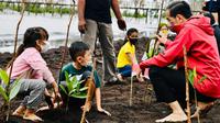 Presiden Jokowi menanam pohon mangrove bersama masyarakat di Pantai Wisata Raja Kecik Kabupaten Bengkalis, Riau, Selasa (28/9/2021).(Foto: Biro Pers Sekretariat Presiden)