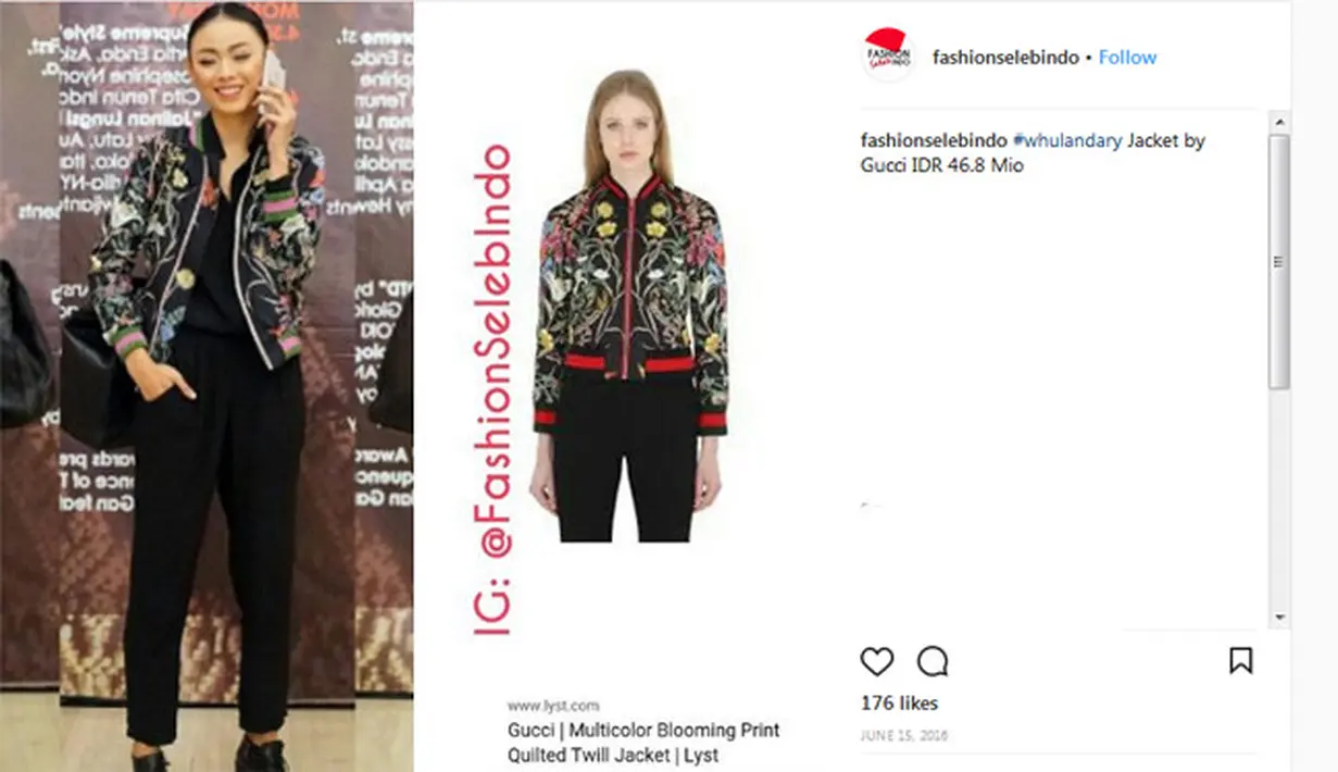 Jaket bermerk Gucci yang dimiliki Whulandari ini juga memiliki harga yang sangat luar biasa. Wanita cantik ini merogoh kocek hingga 48,6 juta rupiah untuk memiliki jaket bomber bermotif floral ini. (Instagram/fashionselebindo)