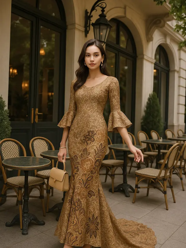 Pilihan Long Dress Batik Brokat Lengan Trompet