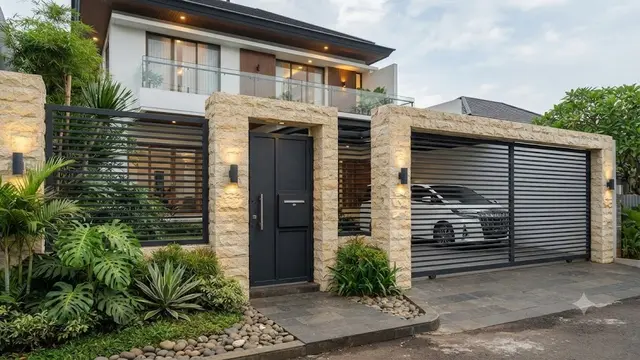 Pagar Kombinasi Batu Palimanan dan Besi Hollow (AI Generated)