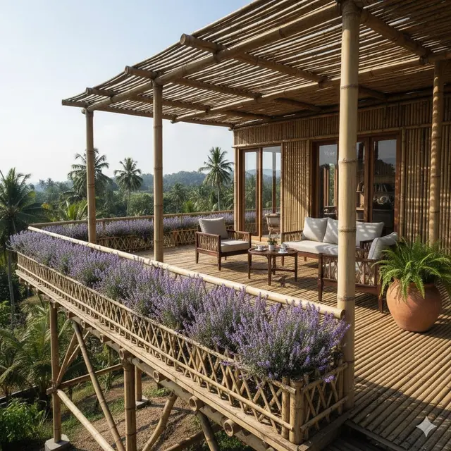 Teras Bambu Panggung dengan Pagar Tanaman Lavender