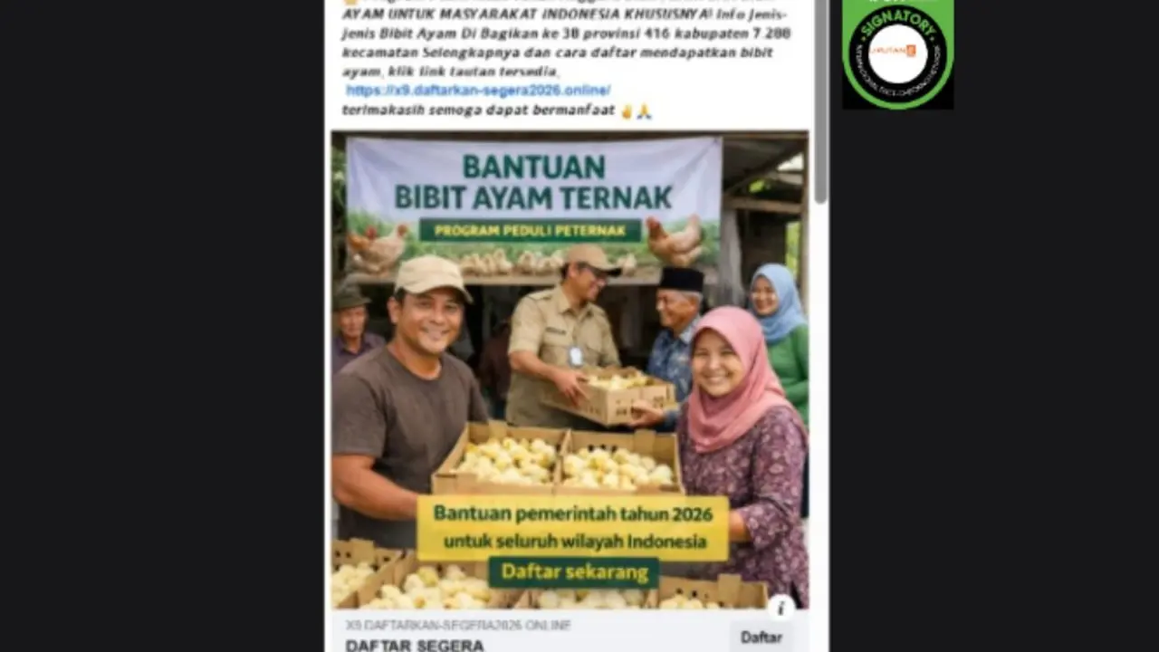 Cek Fakta Liputan6.com mendapati klaim link pendaftaran untuk mendapatkan bantuan bibit ayam.