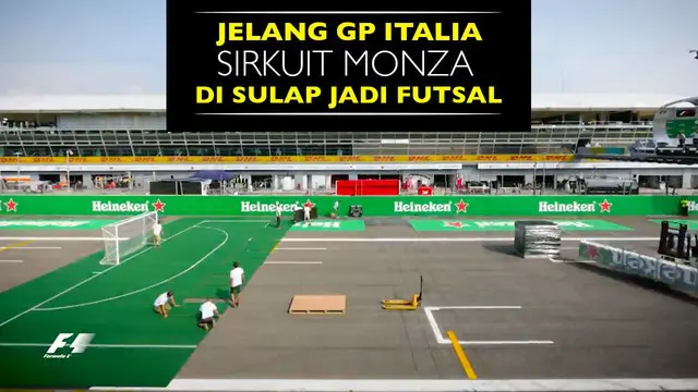 Video sirkuit Monza menjadi lapangan futsal pada laga pebalap f1 lawan mantan sepak bola untuk acara amal gempa di Italia.