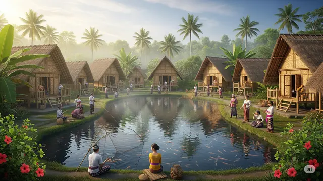 Model Rumah Bambu Gaya Bali Dengan Kolam Ikan/Ilustrasi gambar AI