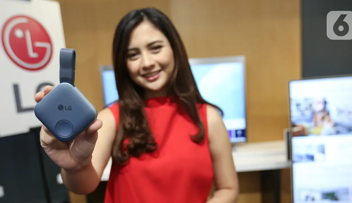 Model menunjukkan perangkat dongle pada pengenalan LG One:Quick Series di Jakarta, Selasa (18/01/2022). LG One:Quick Series membawa perangkat All-in-One Video Conferencing Display bagi kebutuhan bisnis di Indonesia yang fokus pada layar LCD-LED. (Liputan6.com/Fery Pradolo)