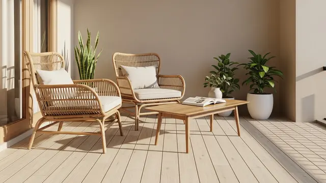 Teras Japandi dengan Kursi Rotan Natural