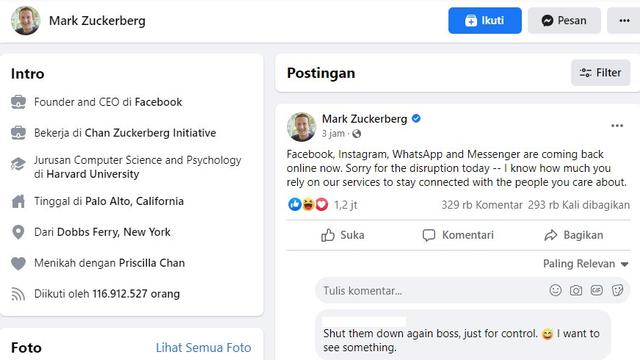 Tangkapan layar permintaan maaf Mark Zuckerberg atas tumbangnya layanan Facebook, Instagram, dan WhatsApp pada Senin (4/10/2021)