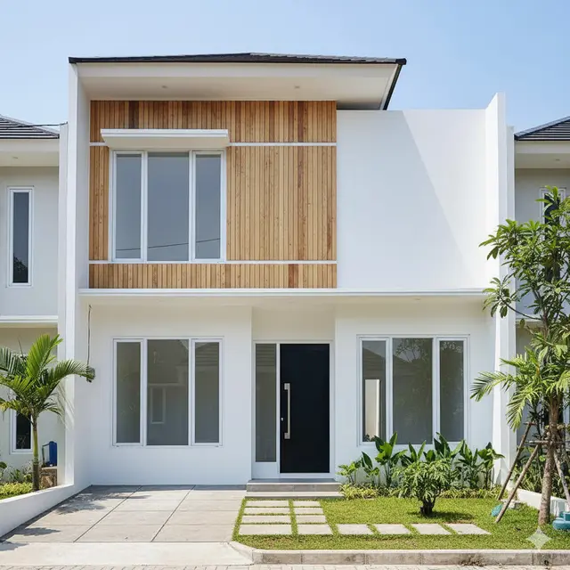 Model Rumah 2 Lantai Hemat Biaya dengan Atap Datar. Gemini