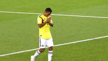 Ekspresi pemain Kolombia, Carlos Bacca, setelah gagal mengeksekusi penalti pada laga 16 besar Piala Dunia 2018 kontra Inggris, Rabu (4/7/2018) dini hari WIB. (AP Photo/Antonio Calanni)