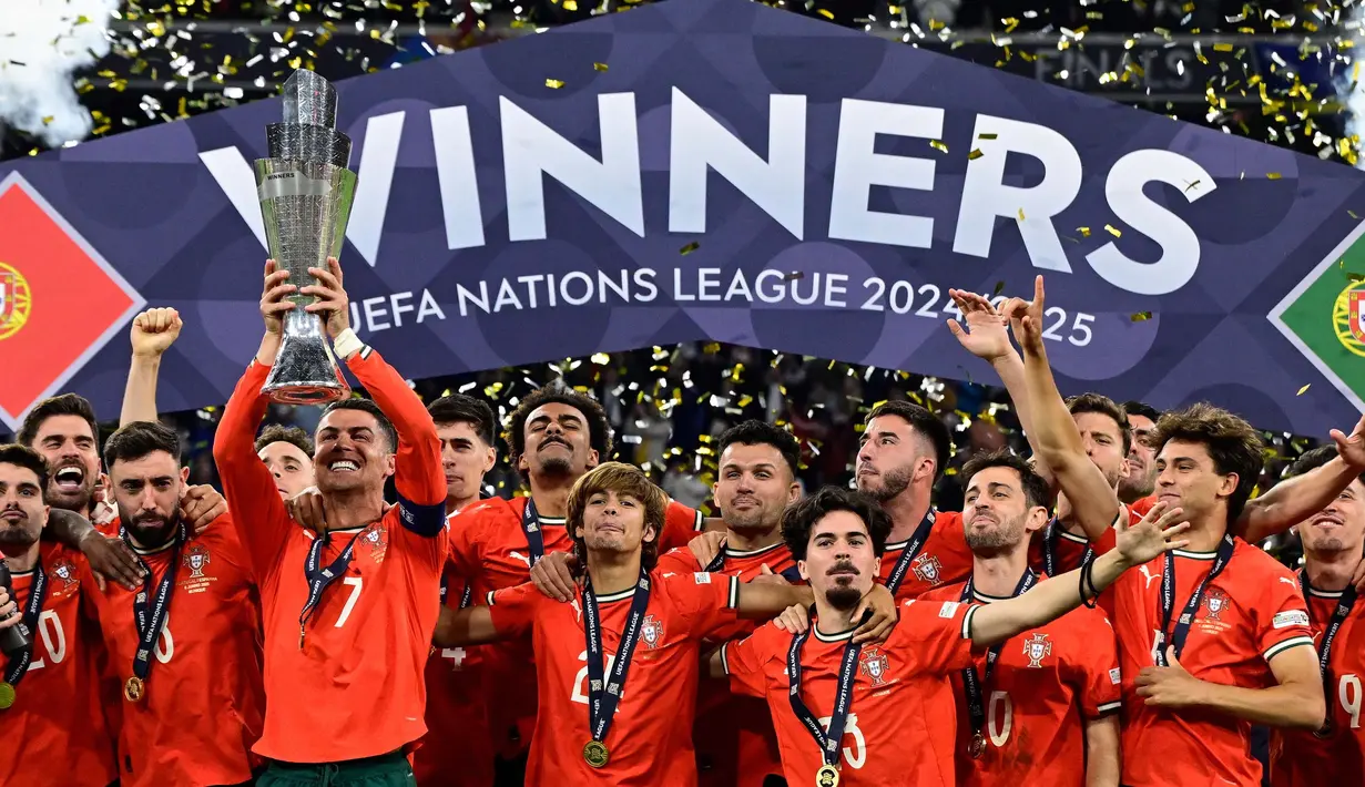 Bagi Cristiano Ronaldo, juara UEFA Nations League 2025 menjadi gelar internasional ketiganya bersama Timnas Portugal, setelah Euro 2016 dan UEFA Nations League edisi pertama pada 2019. (John MACDOUGALL/AFP)