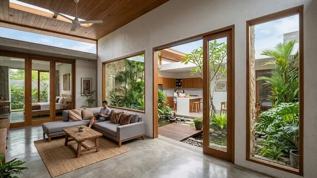 Desain Rumah 3 Kamar dengan Ruang Keluarga Tanpa Dinding Pembatas