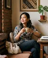 Perempuan duduk di sudut ruangan. [AI Generated]