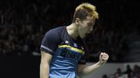 Ganda putra Indonesia, Marcus Gideon, merayakan poin masuk saat melawan rekan senegaranya pada Indonesia Masters 2019 di Istora Senayan, Jakarta, Rabu (23/1). Kevin / Marcus lolos ke semifinal. (Bola.com/Yoppy Renato)