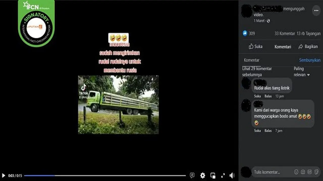 Gambar Tangkapan Layar Video yang Diklaim Indonesia Mengirimkan Rudal untuk Membantu Rusia (sumber: Facebook).