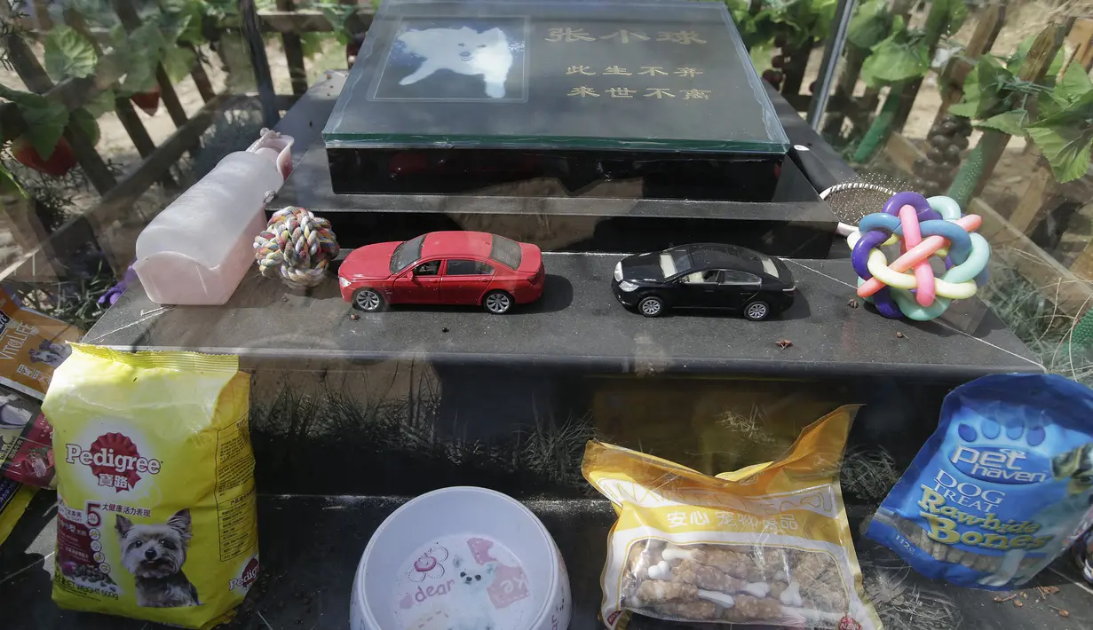 Berbagai mainan dan makanan berada disekitar makam anjing peliharaan Zhang Xiaoqiu di pemakaman hewan, Beijing , Cina (26/3). Cina akan merayakan Festival Qingming yaitu ritual untuk kerabat yang dicintai termasuk hewan. (REUTERS / Jason Lee)