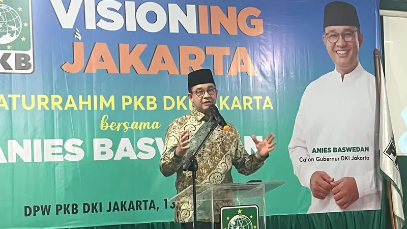 Anies Baswedan memberikan keterangan pers saat bertandang ke Kantor DPW PKB DKI Jakarta, Jakarta Timur, Kamis (13/6/2024). Anies menerima pinangan PKB untuk maju dalam pilkada Jakarta 2024. (Liputan6. com/Winda Nelfira)