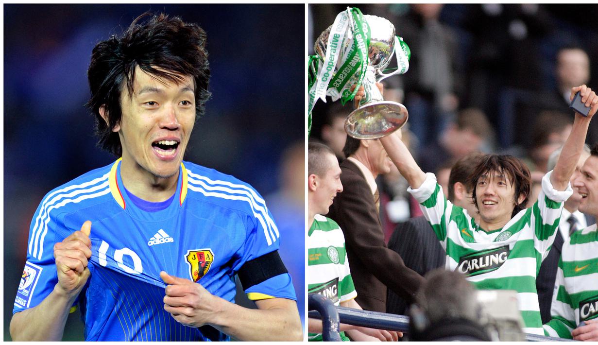 Foto kolase dari Legenda sepak bola Jepang Shunsuke Nakamura saat bersama Timnas Jepang (kiri) dan saat bersama klub yang membesarkan namanya, yaitu Glasgow Celtic. (AFP/Kazuhiro Nogi, Graham Stuart)