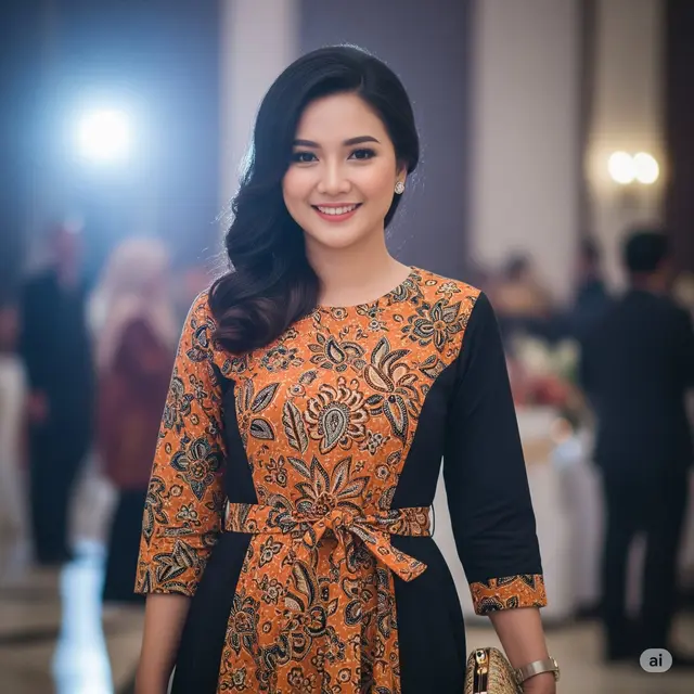 Dress Batik Kombinasi Kain Polos + Sabuk