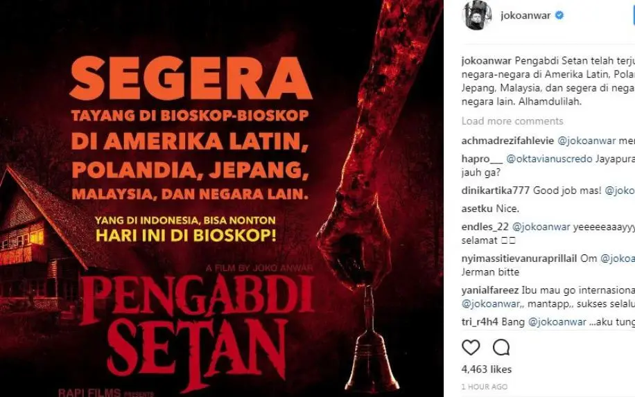 Film Pengabdi Setan bakal tayang di bioskop Amerika Latin dan Jepang (Instagram/@jokoanwar)