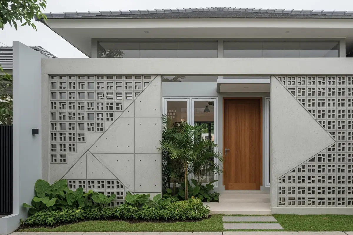 Model Depan Rumah Coran dengan Dinding Setengah Terbuka