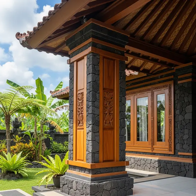 Model Tiang Rumah Batu Alam Kombinasi Kayu