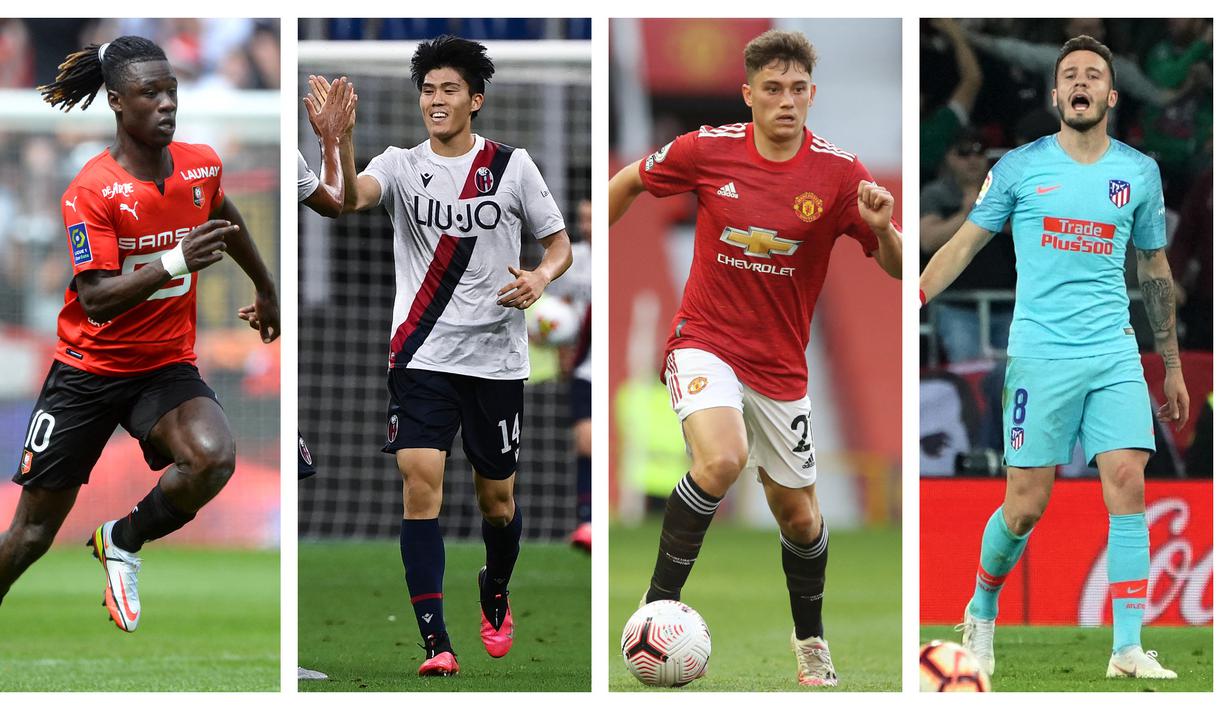 Foto kolase dari Eduardo Camavinga, Takehiro Tomiyasu, Daniel James, Saul Niguez sedikit dari sekian banyak drama yang terjadi di akhir-akhir penutupan bursa transfe awal musim 2021/2022. (Foto: AFP)