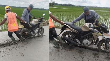 Pemotor nekat menerobos jalan cor masih basah (TikTok/@biyan2590)