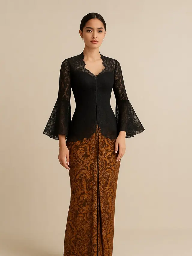 Kebaya Hitam Lengan Flare dengan Rok Jarit