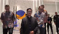 Pengacara Menteri Pertanian (Mentan) Syahrul Yasin Limpo, Febri Diansyah saat menemui wartawan di NasDem Tower, Jakarta Pusat, Rabu (4/10/2023). (Liputan6.com/Winda Nelfira)