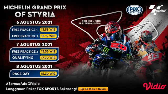 Saksikan, Jadwal dan Live streaming MotoGP Styria Akhir di Vidio 6-8 Agustus 2021