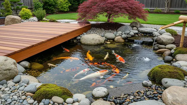 Kolam Koi Gaya Jepang dengan Dek Kayu dan Batu