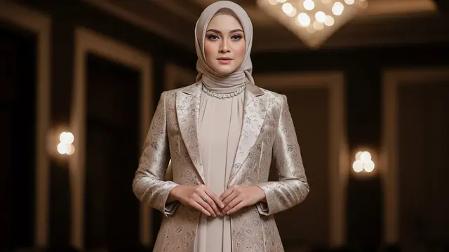 Gamis Polos Simpel Dipadukan Blazer Batik Etnik Kekinian